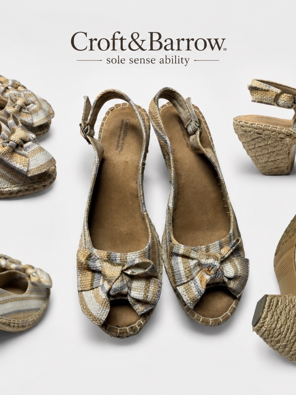 croft & barrow Beige and White Plaid Bow Slingback Espadrille Sandals